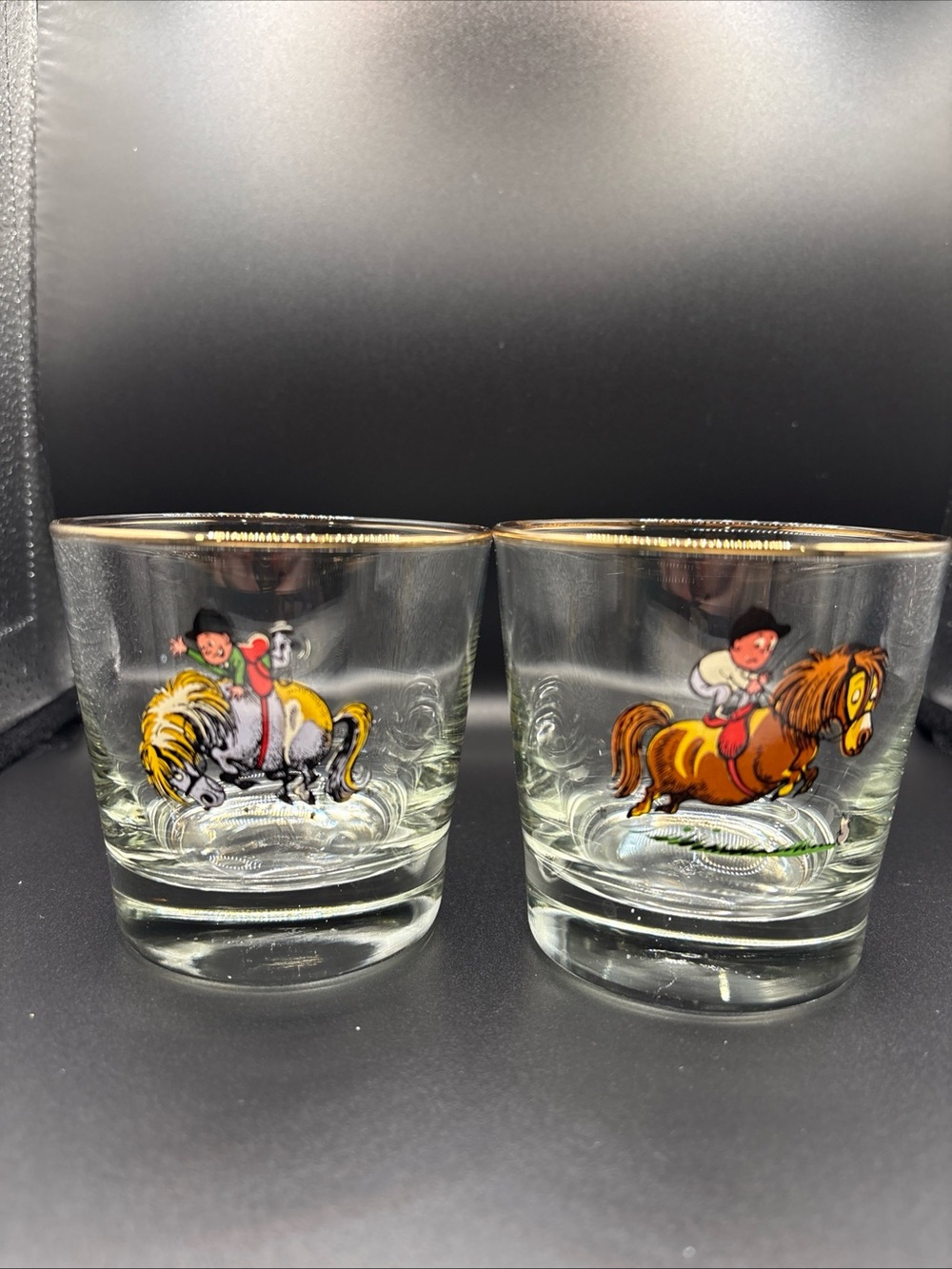 Vintage Norman Thelwell Cartoon Childrens Pony Drinking Whiskey Glasses Set Of 2
